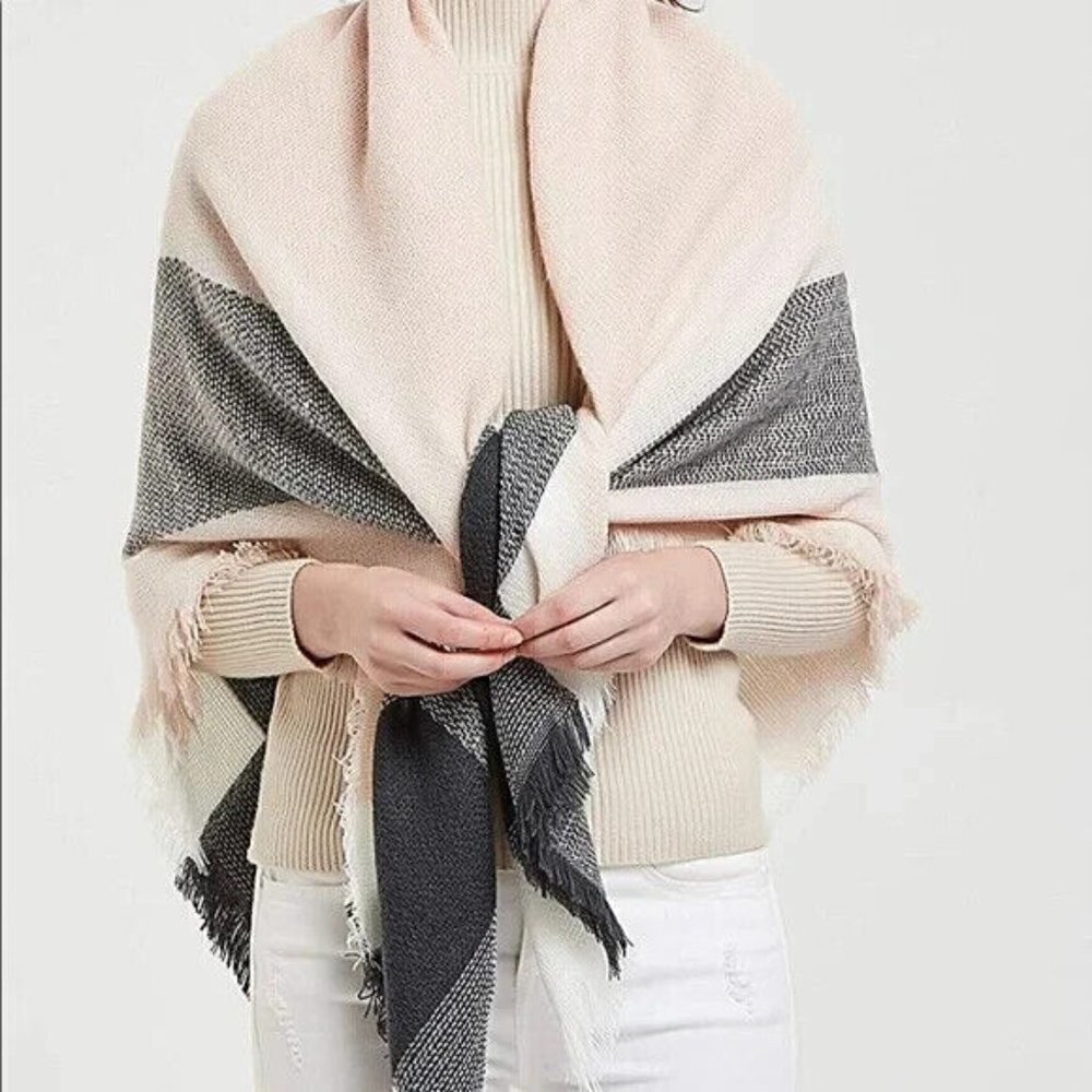 Soft  Triangle Large Plaid Frayed Edges Scarf Shawl Wrap Soft Feminine Coquette